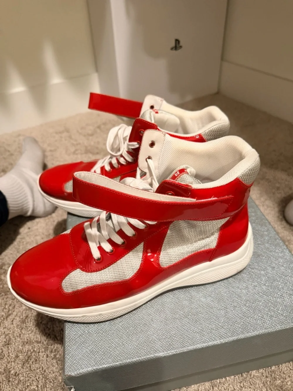 Prada Men Red and White High-Top Sneakers - Picture 3 of 5
